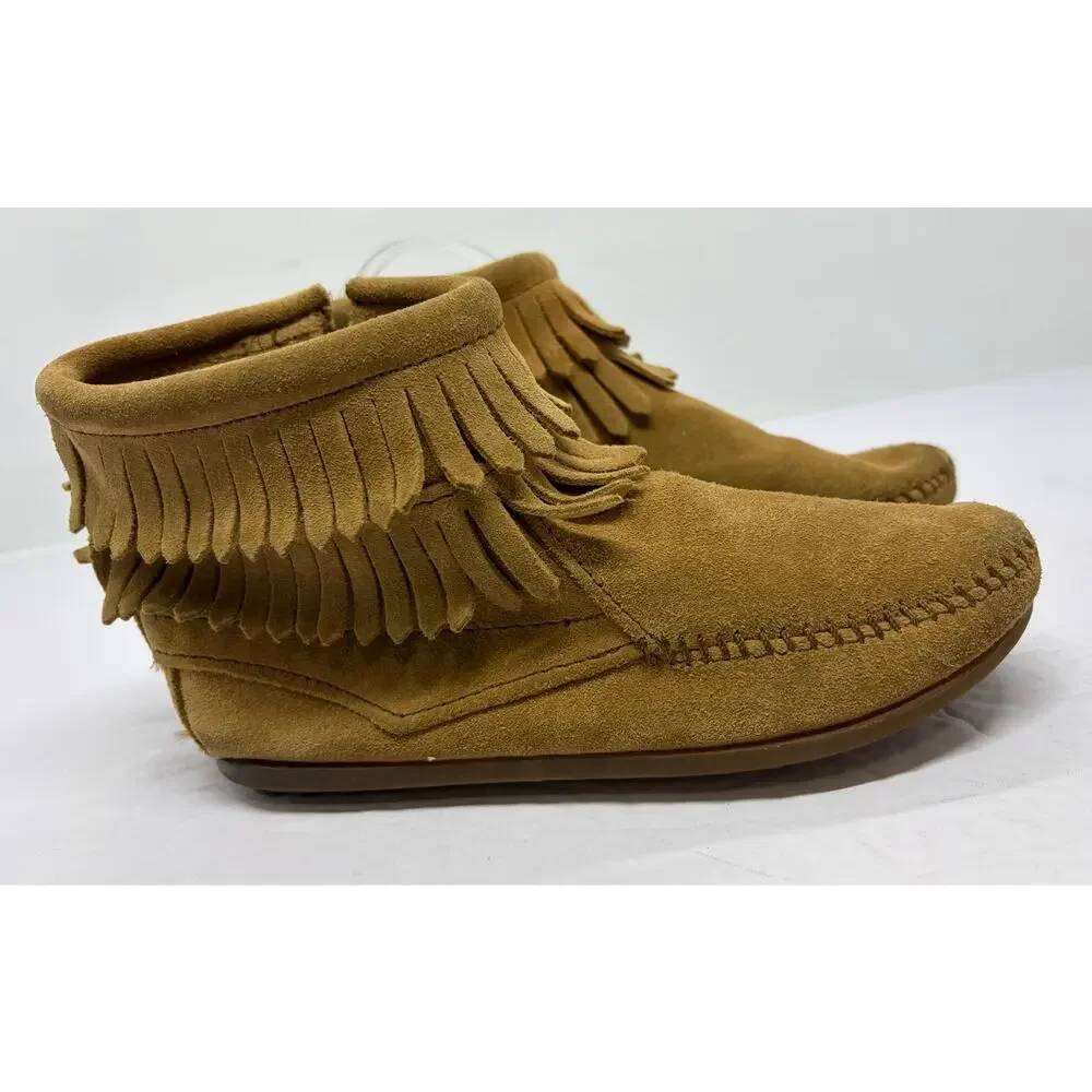 Minnetonka Youth Size 1 Double Fringe Brown Suede Ankle Boot Moccasin Side Zip